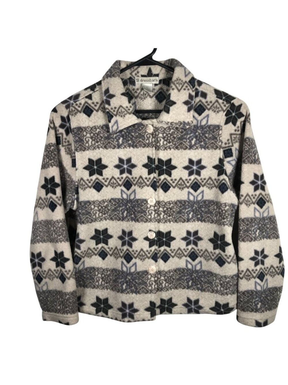 Dressbarn Womens Fleece Jacket Small Nordic Snowflake Beige Button Front Cozy